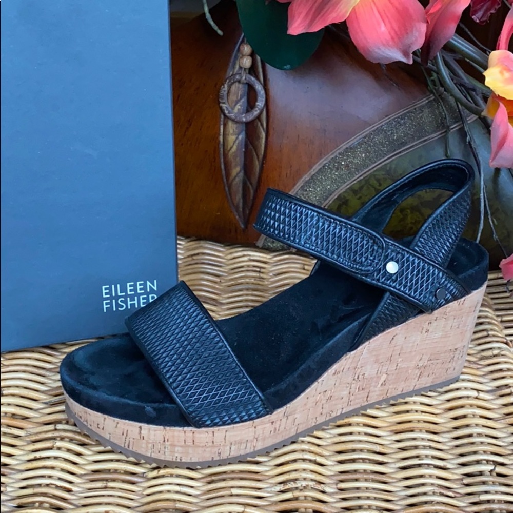 Eileen Fisher Mesh Leather Platform Wedge Sandals